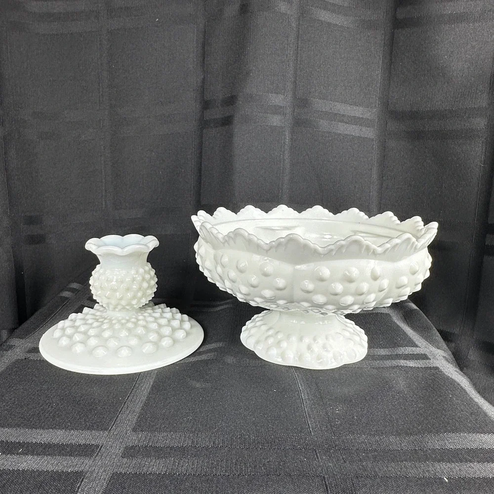 Fenton White Milk Glass Hobnail Candle Holder Set Footed 6-Way Bowl Candlestick